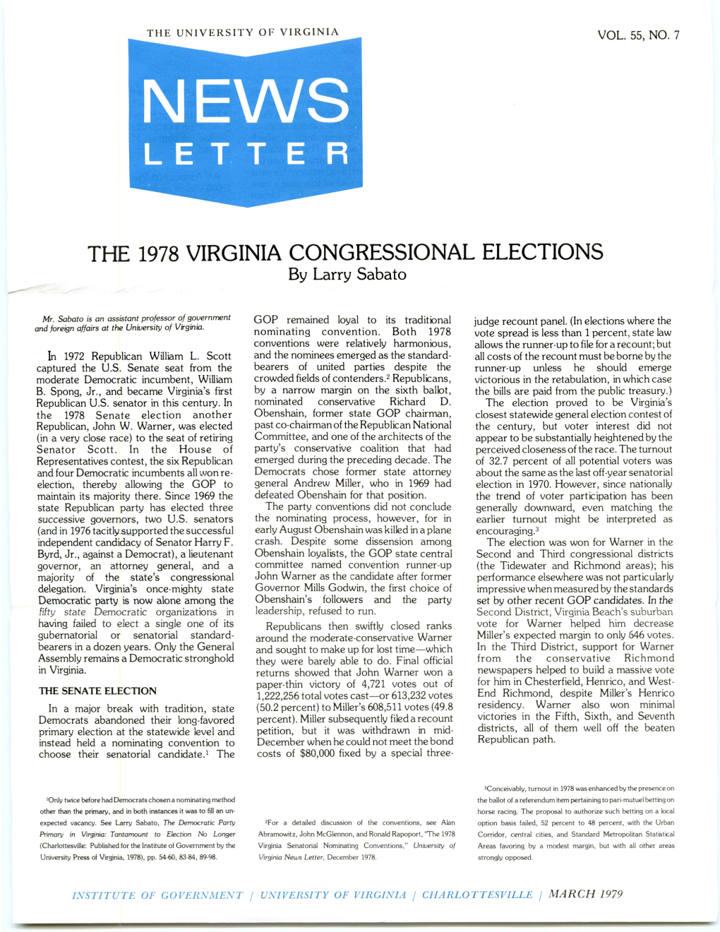 THE 1978 VIRGINIA CONGRESSIONAL ELECTIONS by Larry Sabato
