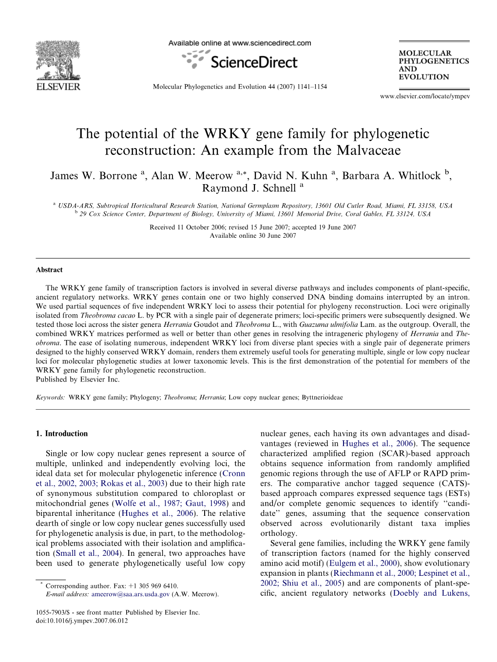 The Potential of the WRKY Gene Family for Phylogenetic Reconstruction: an Example from the Malvaceae