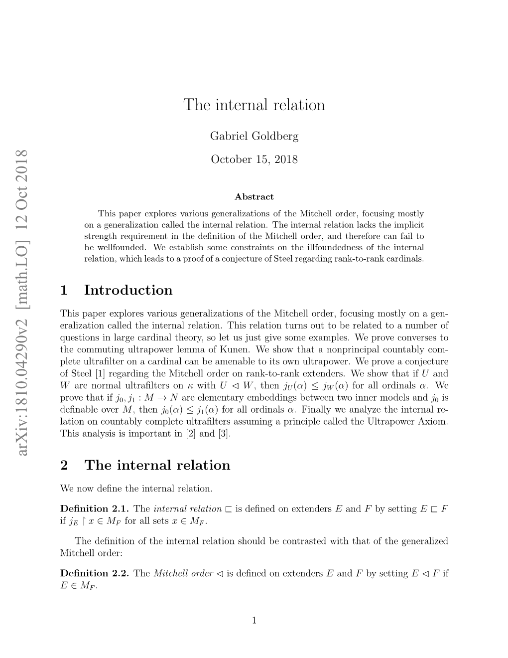 Arxiv:1810.04290V2 [Math.LO] 12 Oct 2018 E Rv Htif That Prove Enbeover Deﬁnable If Ento 2.1