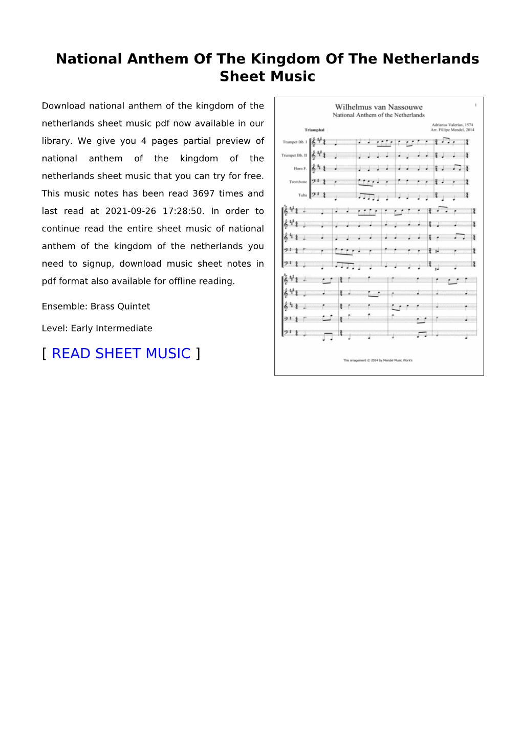 National Anthem of the Kingdom of the Netherlands Sheet Music