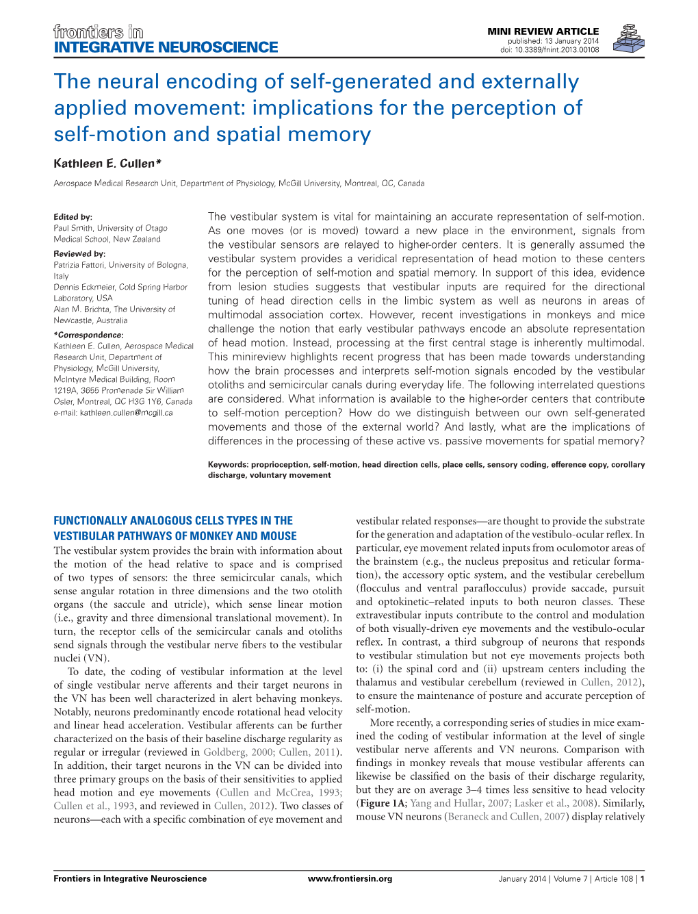 Implications for the Perception of Self-Motion and Spatial Memory