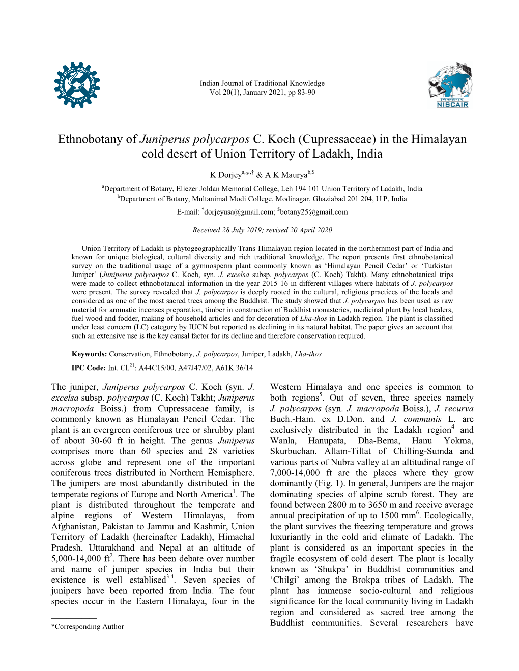 Ethnobotany of Juniperus Polycarpos C. Koch (Cupressaceae) in the Himalayan Cold Desert of Union Territory of Ladakh, India