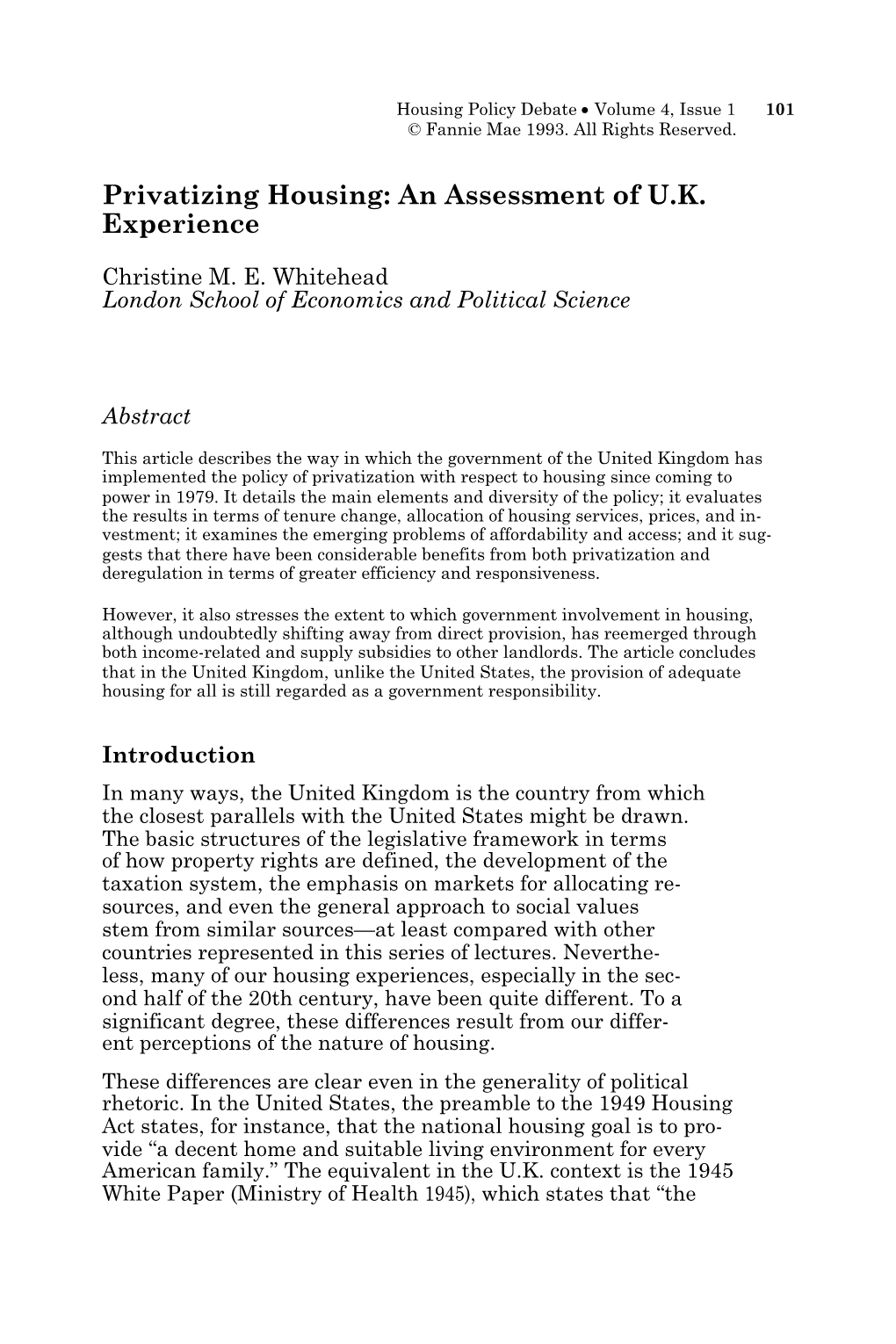 Privatizing Housing: an Assessment of U.K. Experience