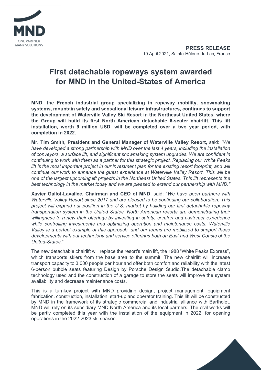 First Detachable Ropeways System Awarded for MND in the United-States of America