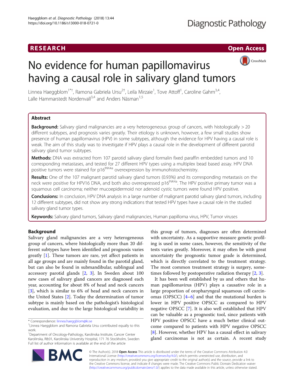 No Evidence for Human Papillomavirus Having a Causal Role