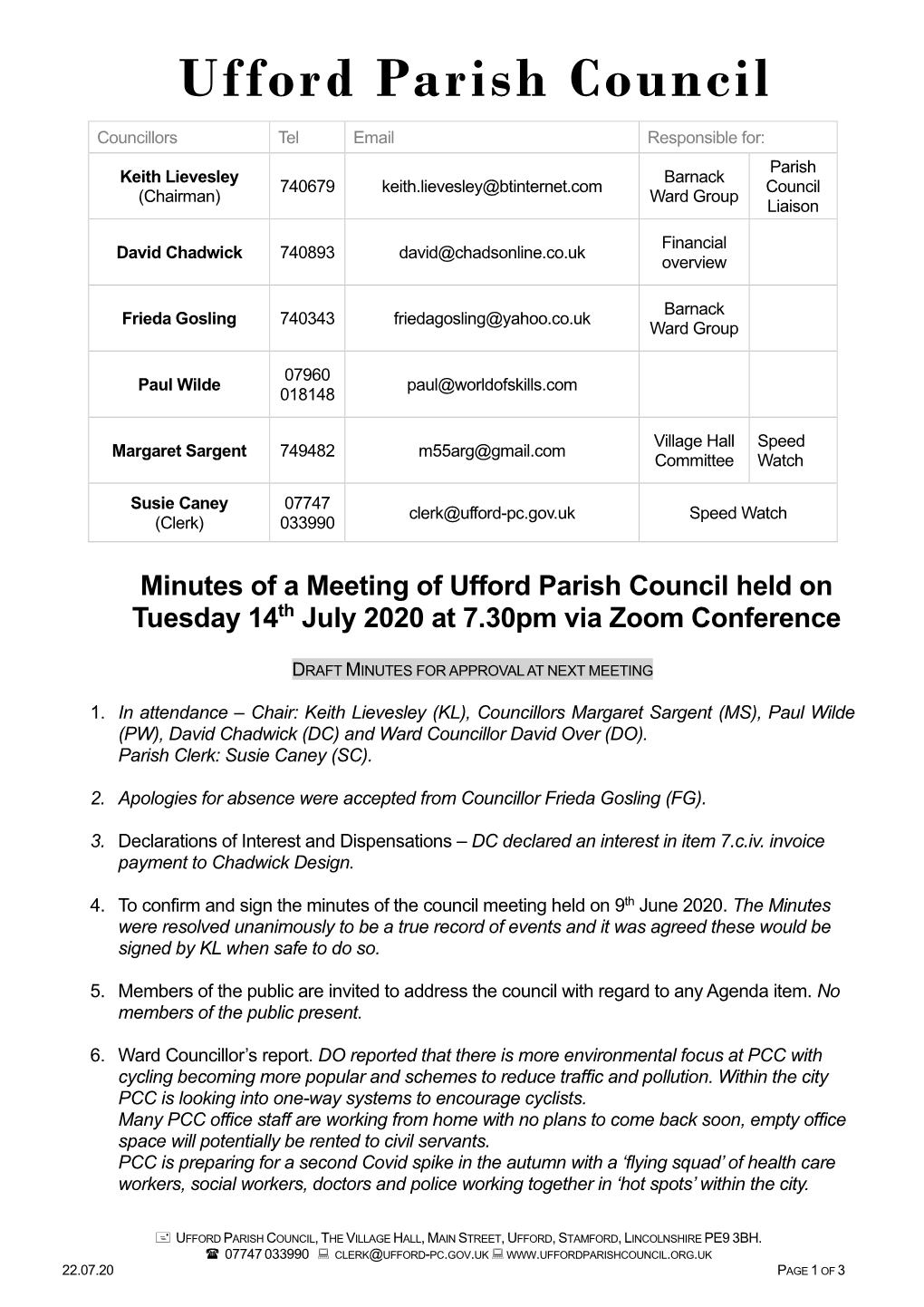 Ufford Parish Council Draft Minutes 07.20