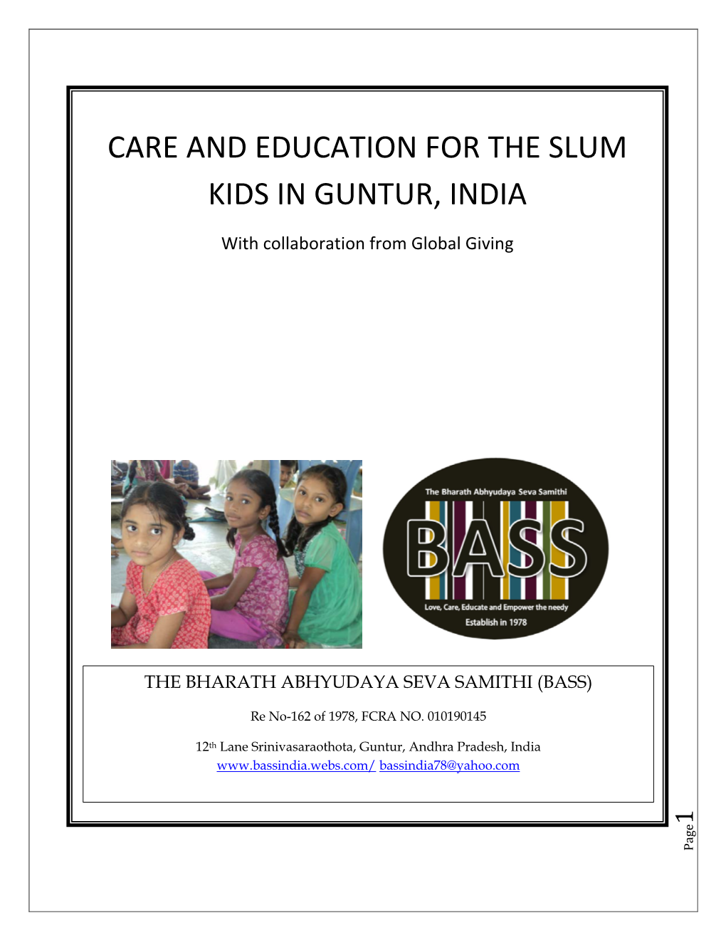 Care and Education for the Slum Kids in Guntur, India