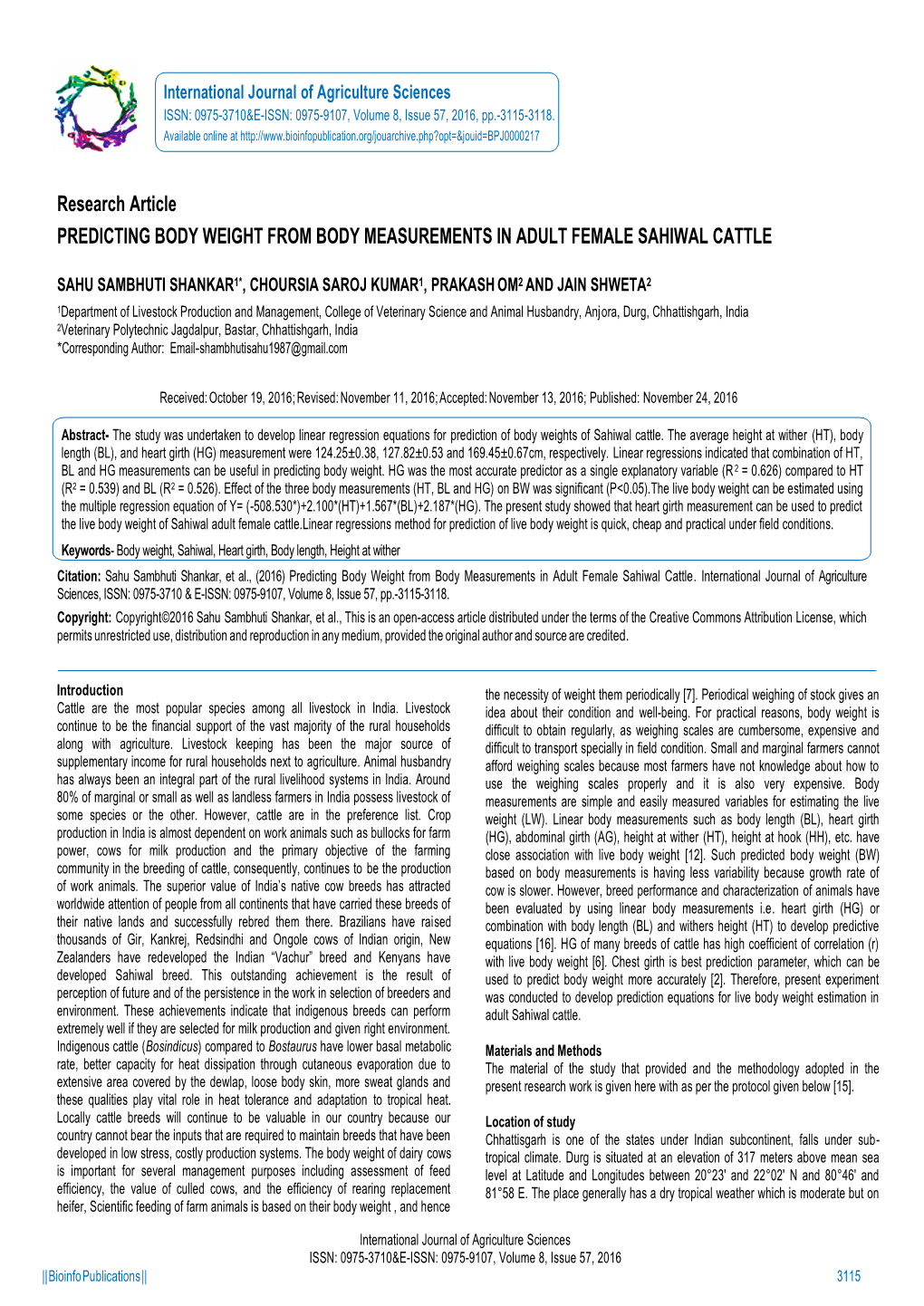 Research Article PREDICTING BODY WEIGHT from BODY MEASUREMENTS in ADULT FEMALE SAHIWAL CATTLE