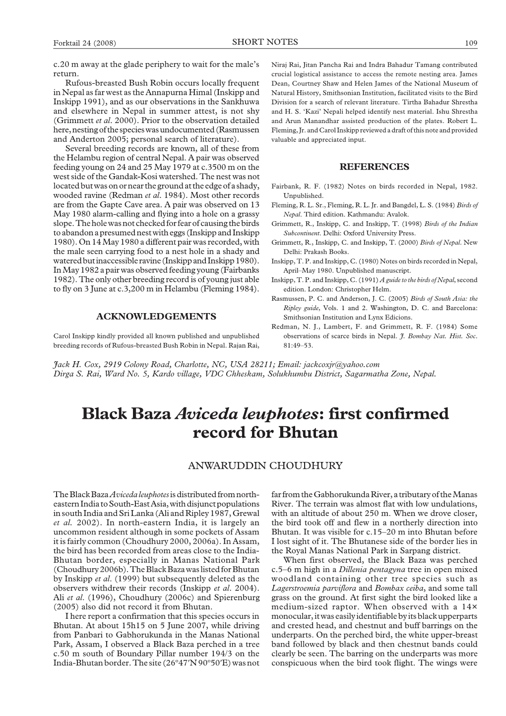 Black Baza Aviceda Leuphotes: First Confirmed Record for Bhutan