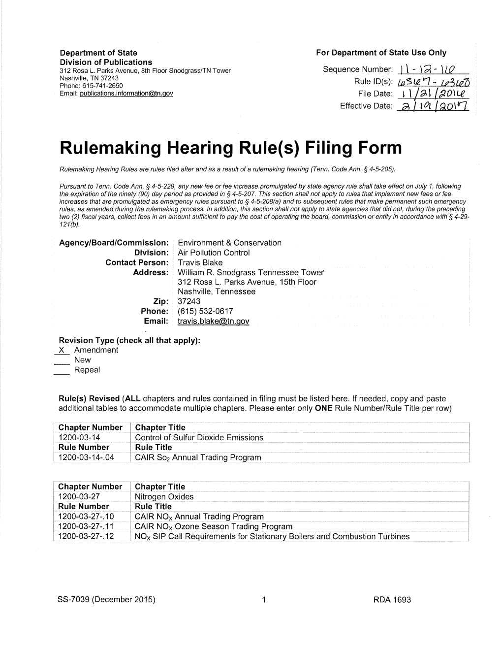 Rulemaking Hearing Rule{S) Filing Form