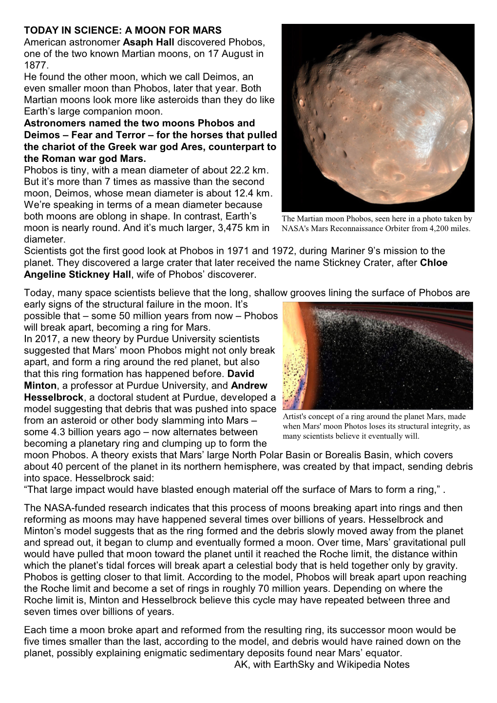 TODAY in SCIENCE: a MOON for MARS American Astronomer Asaph Hall Discovered Phobos, One of the Two Known Martian Moons, on 17 August in 1877