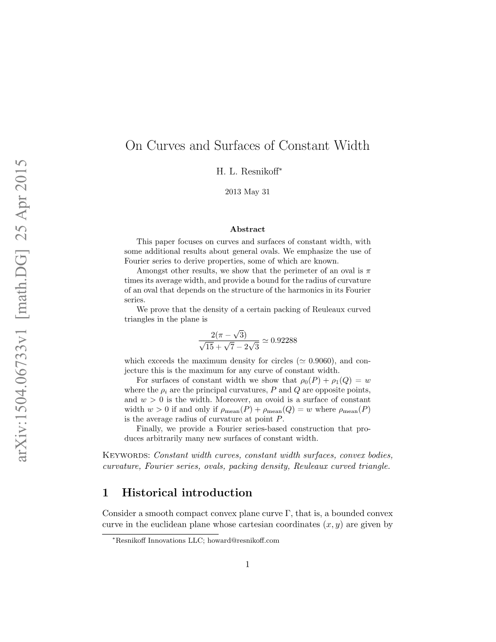 On Curves and Surfaces of Constant Width