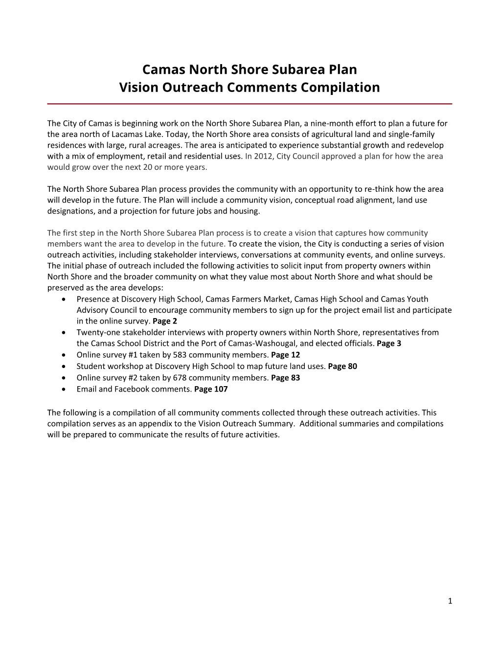 Camas North Shore Subarea Plan Vision Outreach Comments Compilation