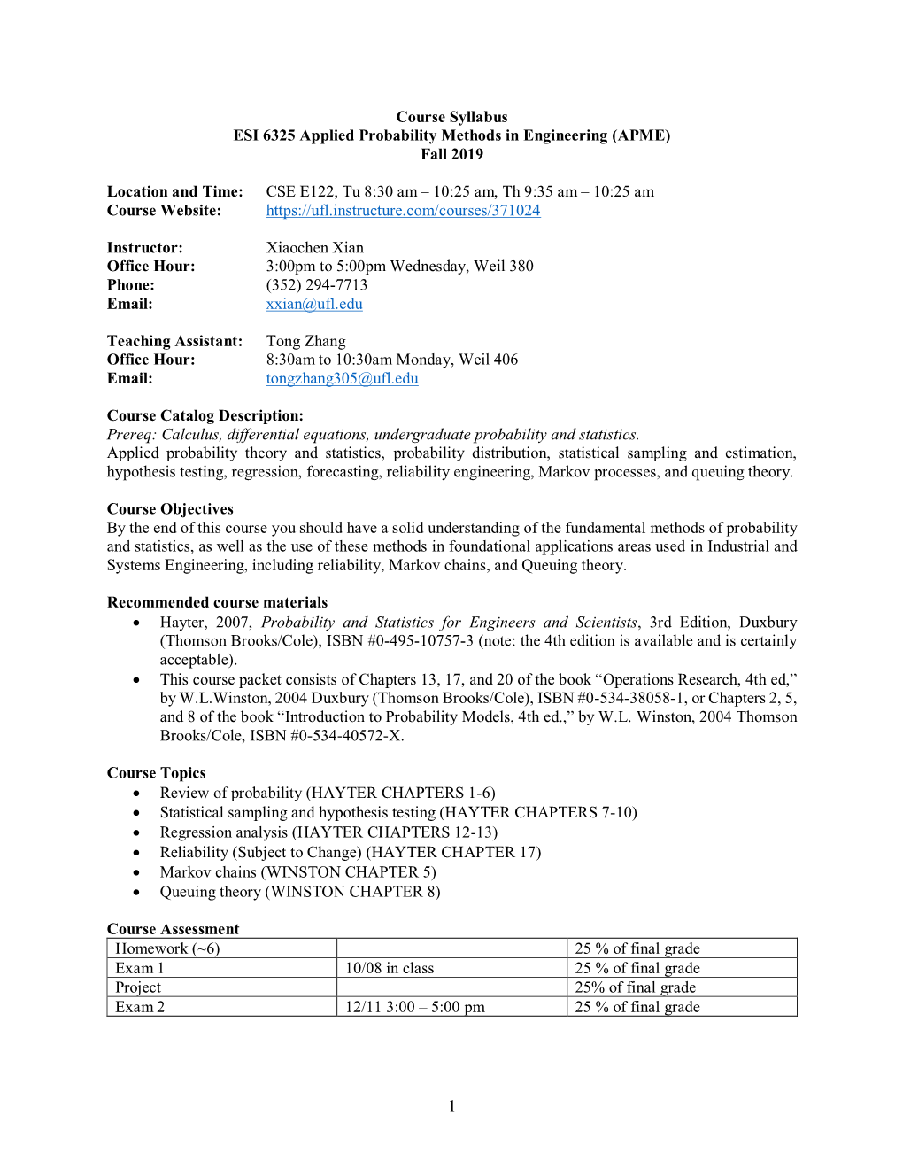 Course Syllabus ESI 6325 Applied Probability Methods in Engineering (APME) Fall 2019