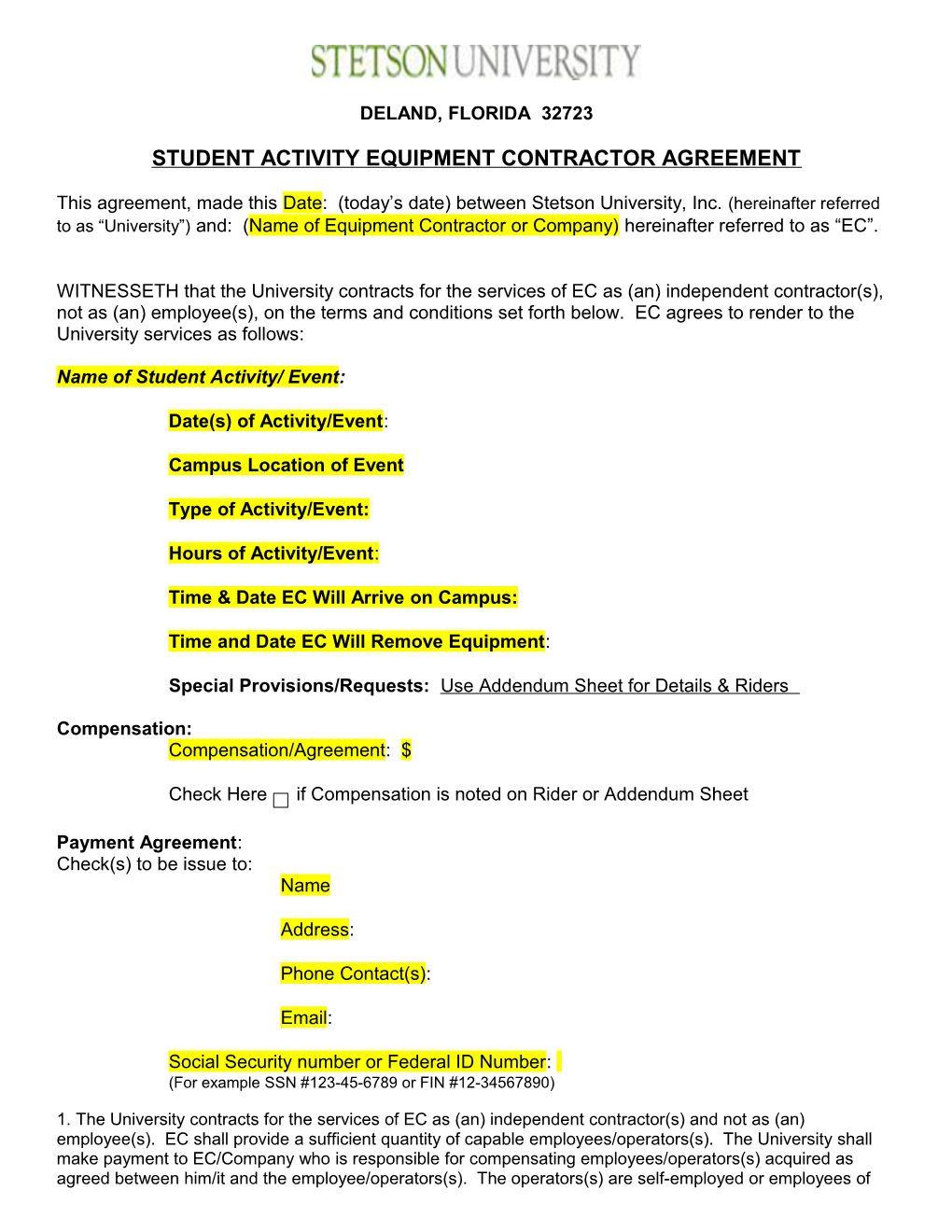 Student Activity Equipment Contractor Agreement