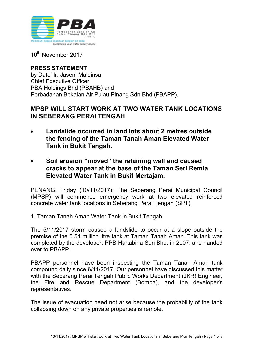 Mpsp Will Start Work at Two Water Tank Locations in Seberang Perai Tengah