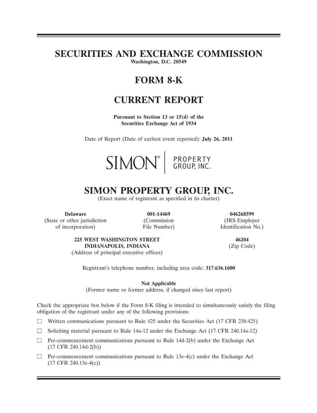 Securities and Exchange Commission Form 8-K Current Report Simon Property Group, Inc
