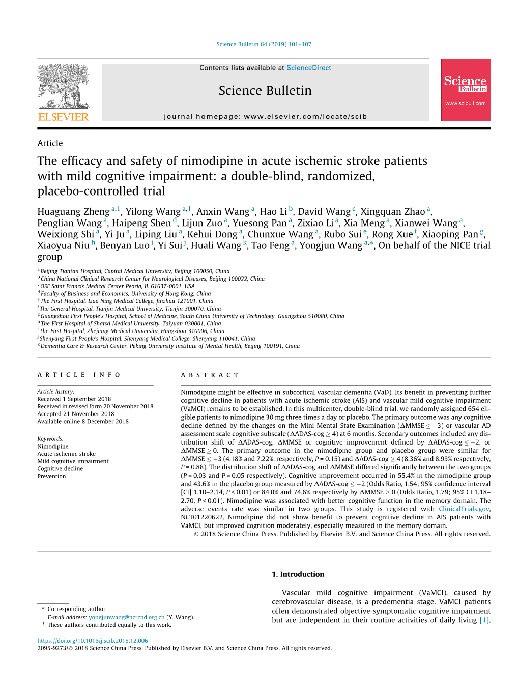 The Efficacy and Safety of Nimodipine in Acute Ischemic Stroke Patients