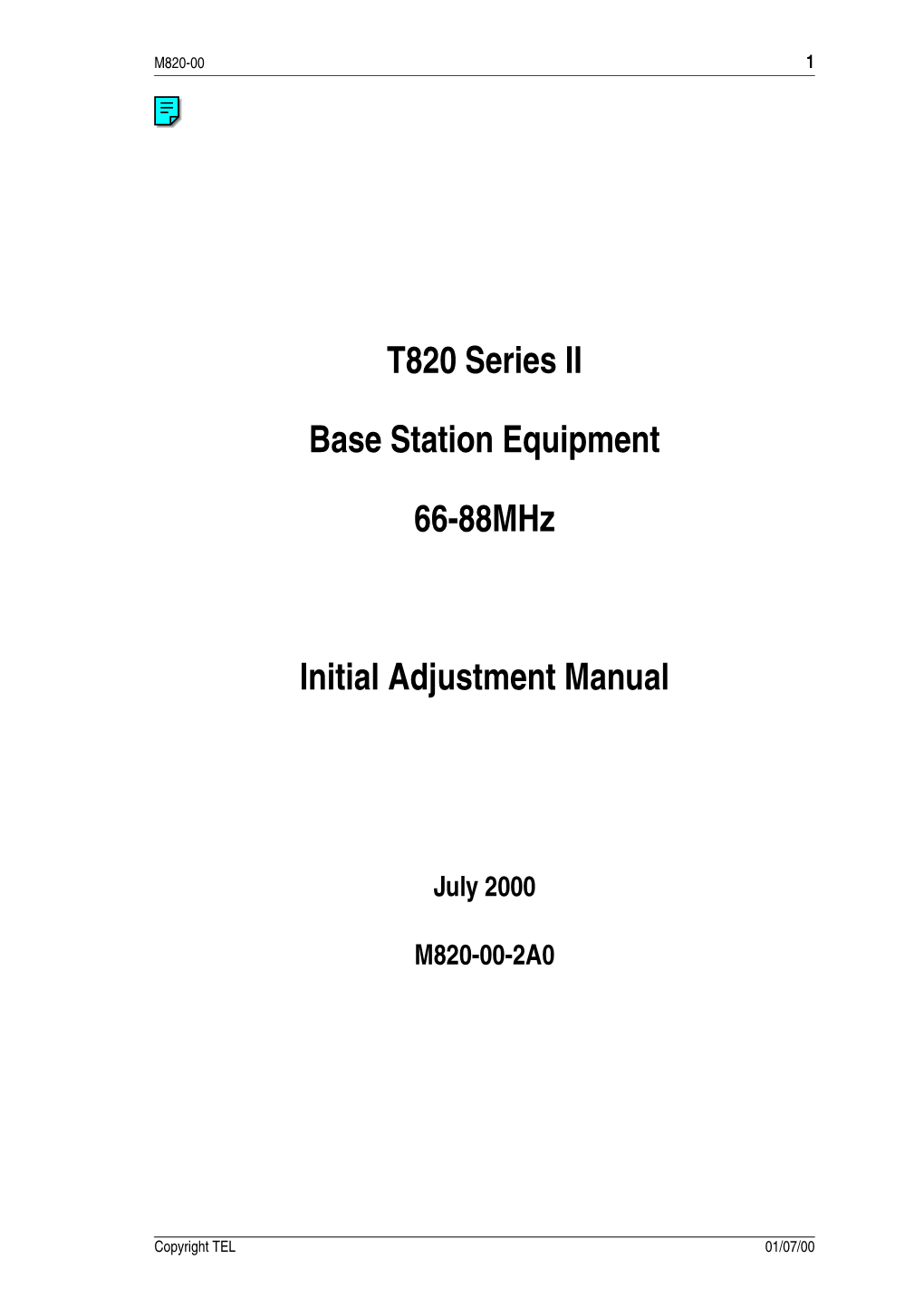 T820 Series II Base Station Equipment 66-88Mhz Initial Adjustment Manual