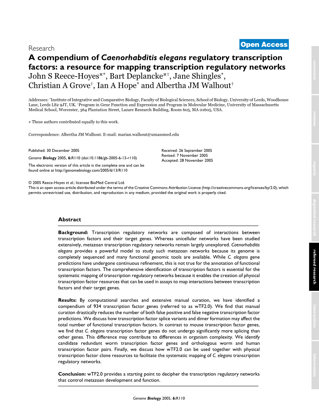 A Compendium of Caenorhabditis Elegans Regulatory Transcription Factors: a Resource for Mapping Transcription Regulatory Network