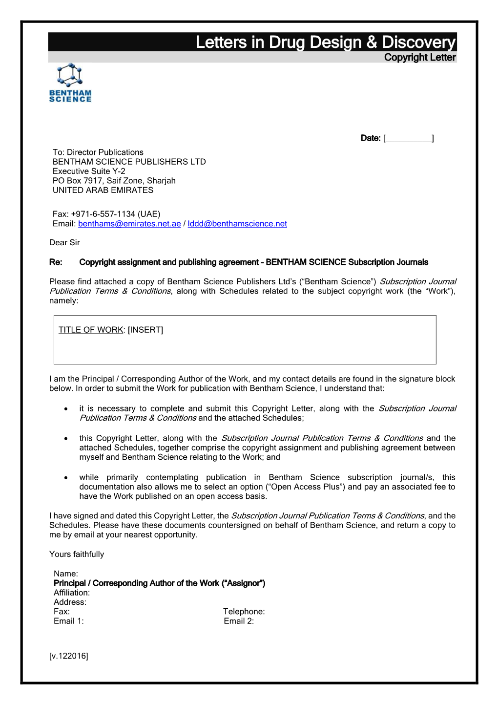 Letters in Drug Design & Discovery Copyright Letter