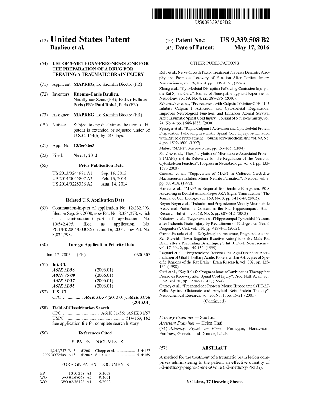 (12) United States Patent (10) Patent No.: US 9,339,508 B2 Baulieu Et Al