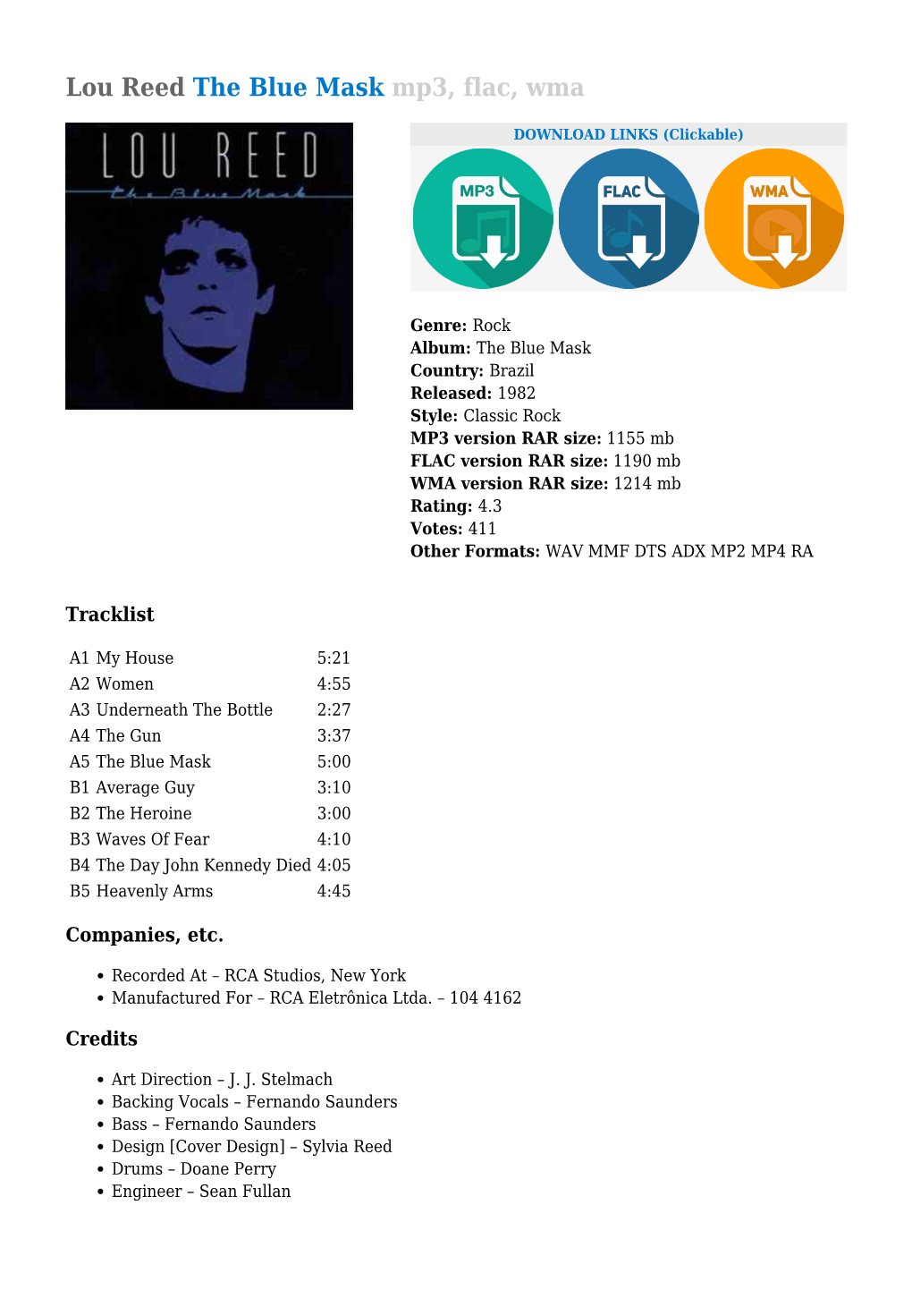 Lou Reed the Blue Mask Mp3, Flac, Wma