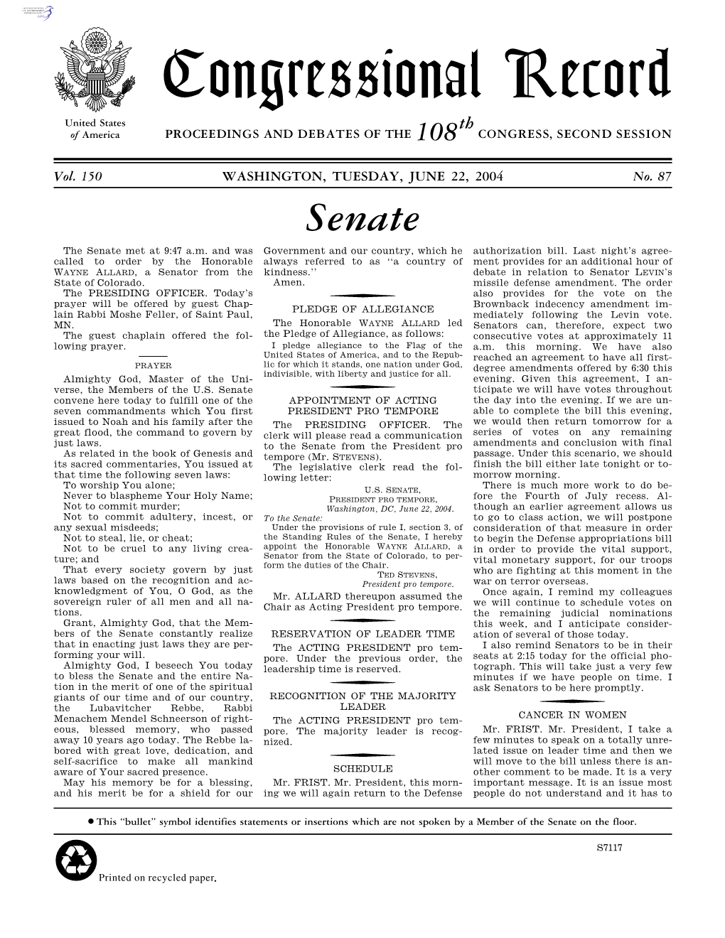 Congressional Record United States Th of America PROCEEDINGS and DEBATES of the 108 CONGRESS, SECOND SESSION