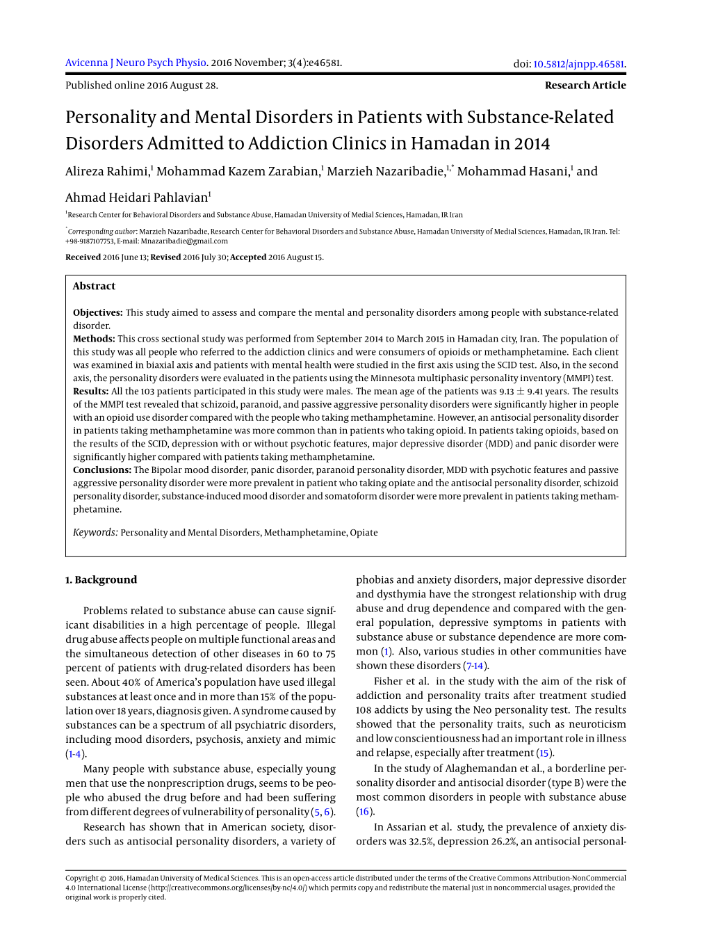 Personality and Mental Disorders in Patients with Substance-Related Disorders Admitted to Addiction Clinics in Hamadan in 2014