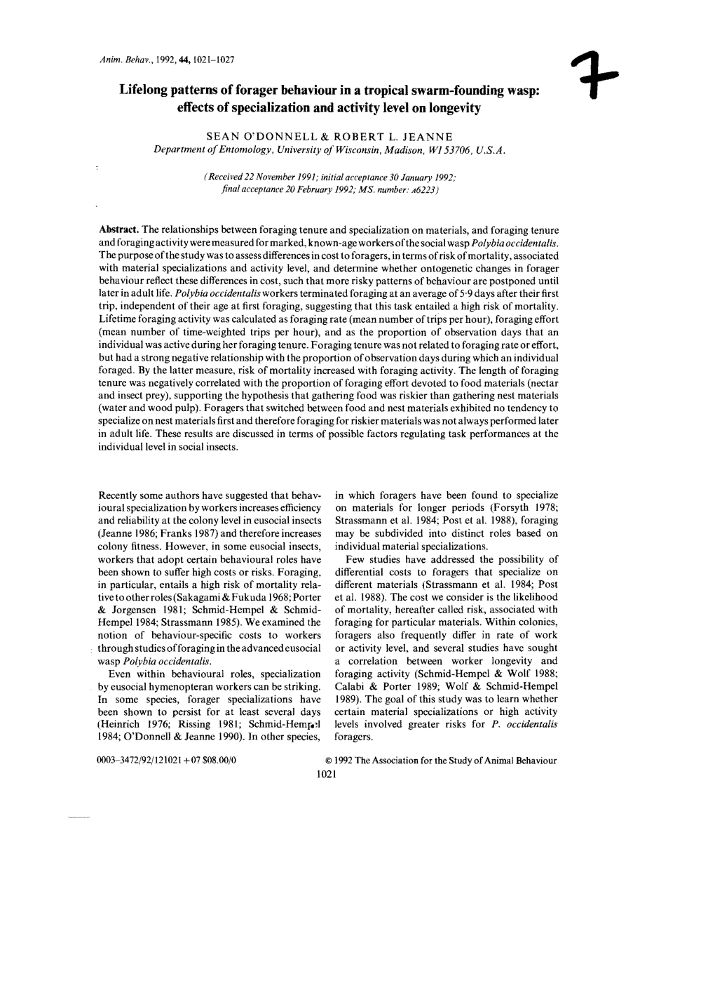 Lifelong Patterns of Forager Behaviour in a Tropical Swarm-Founding Wasp: Effects of Specialization and Activity Level on Longevity