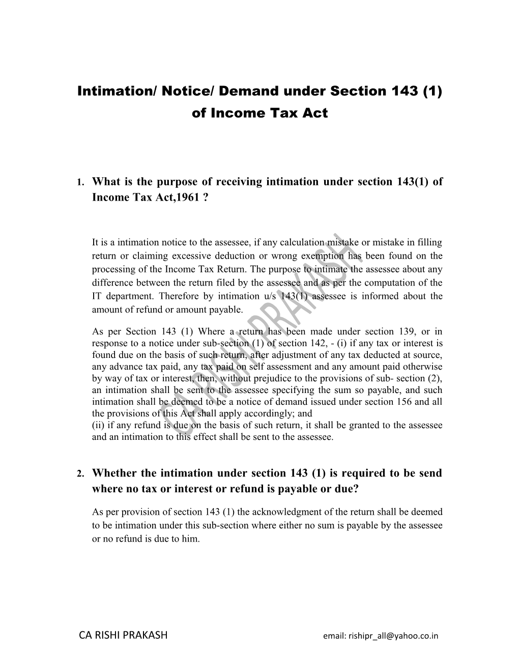 Intimation/ Notice/ Demand Under Section 143 (1) of Income Tax Act