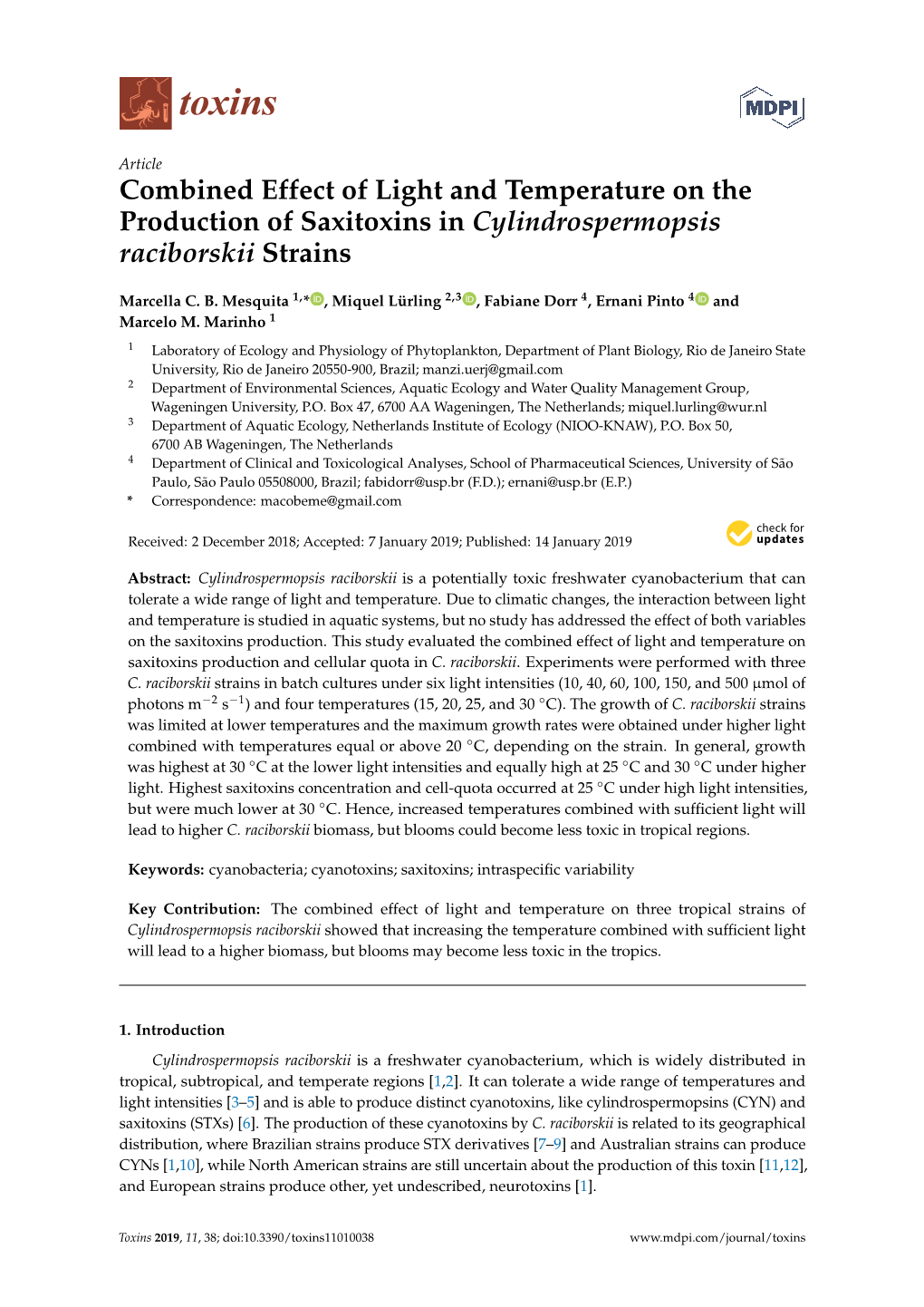 Combined Effect of Light and Temperature on the Production of Saxitoxins in Cylindrospermopsis Raciborskii Strains