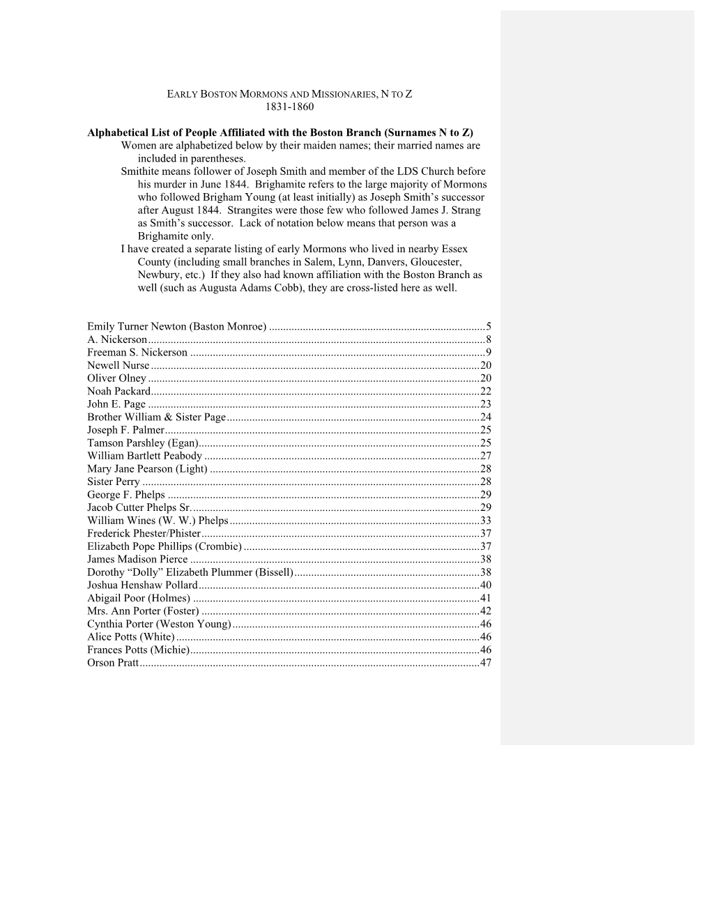 Boston Mormons and Missionaries, N to Z 1831-1860