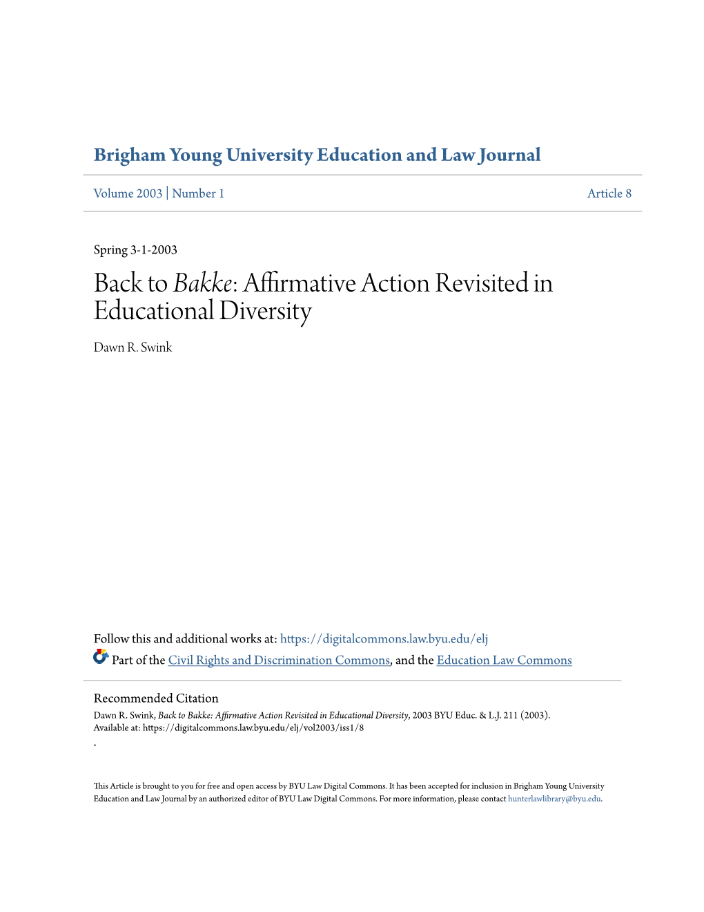 Bakke: Affirmative Action Revisited in Educational Diversity Dawn R