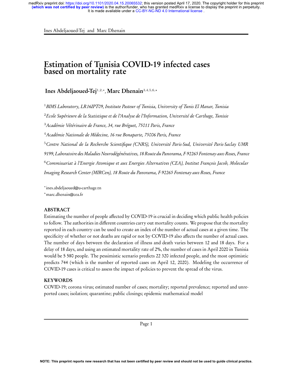 Estimation of Tunisia COVID-19 Infected Cases Based on Mortality Rate