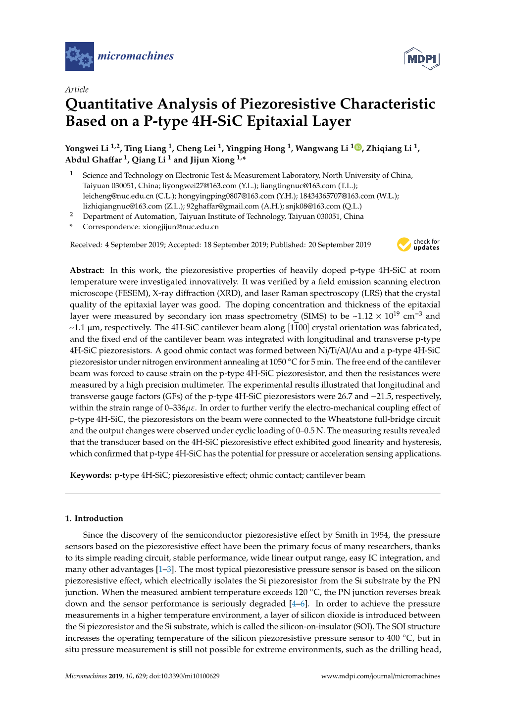 Quantitative Analysis of Piezoresistive Characteristic Based on a P-Type 4H-Sic Epitaxial Layer
