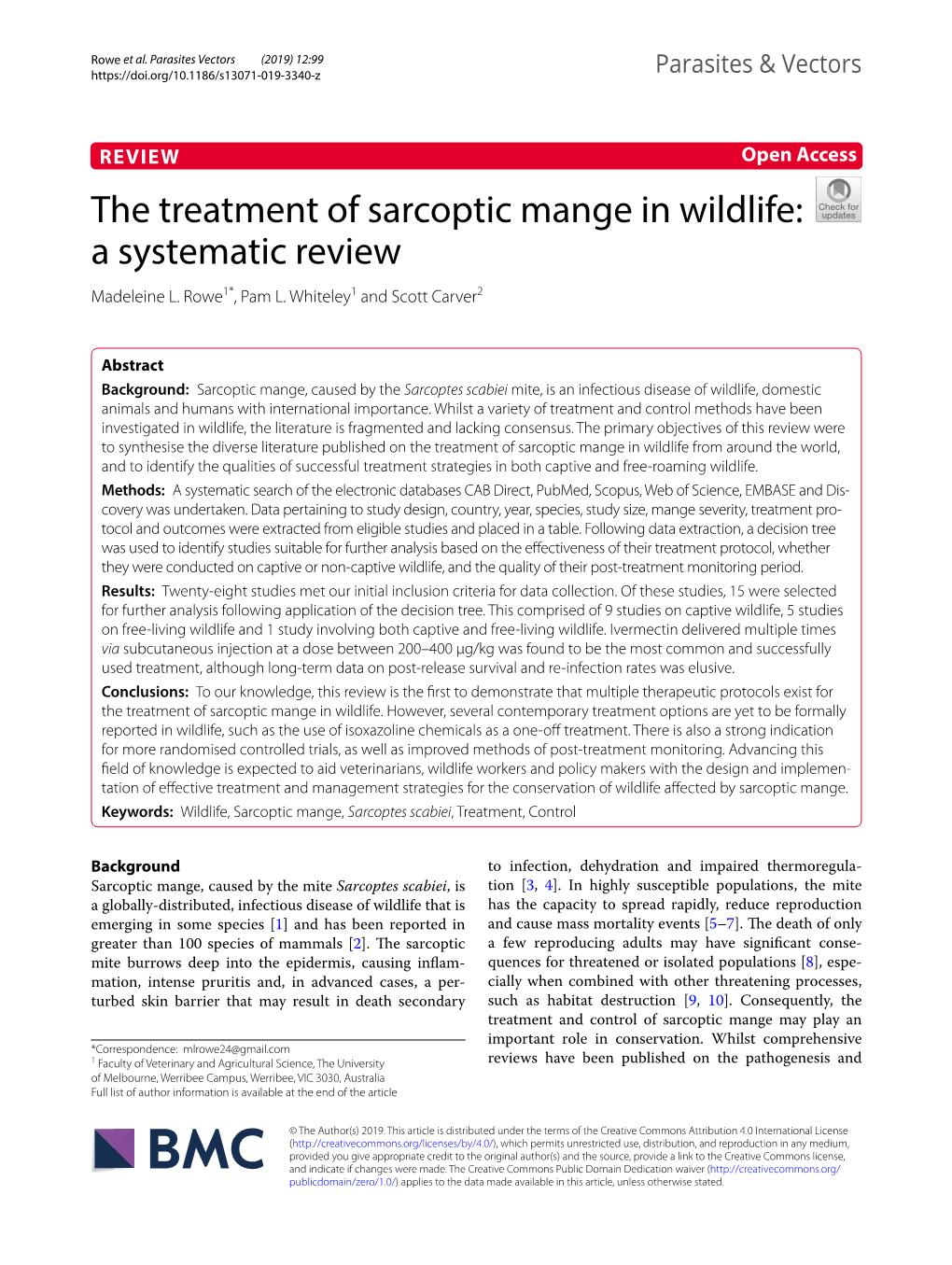 The Treatment of Sarcoptic Mange in Wildlife: a Systematic Review Madeleine L