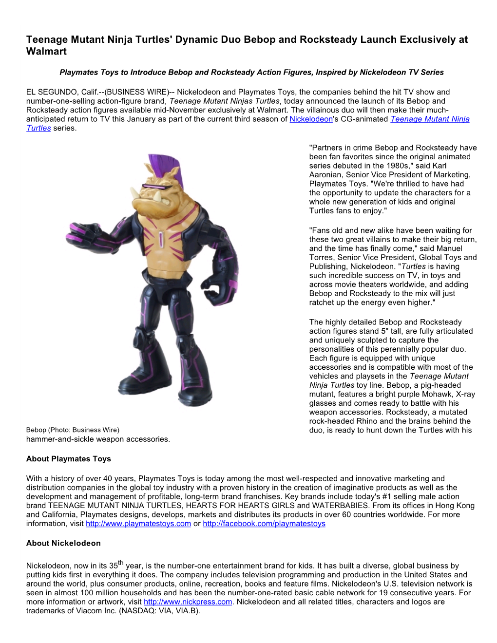 Teenage Mutant Ninja Turtles' Dynamic Duo Bebop and Rocksteady Launch Exclusively at Walmart