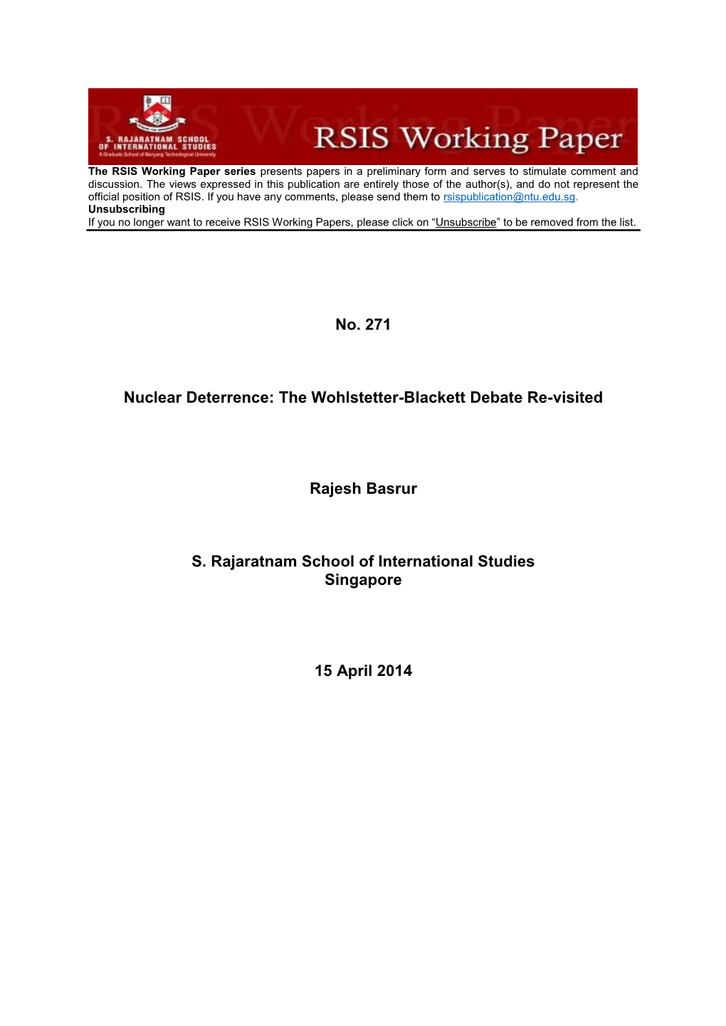 No. 271 Nuclear Deterrence: the Wohlstetter-Blackett Debate Re