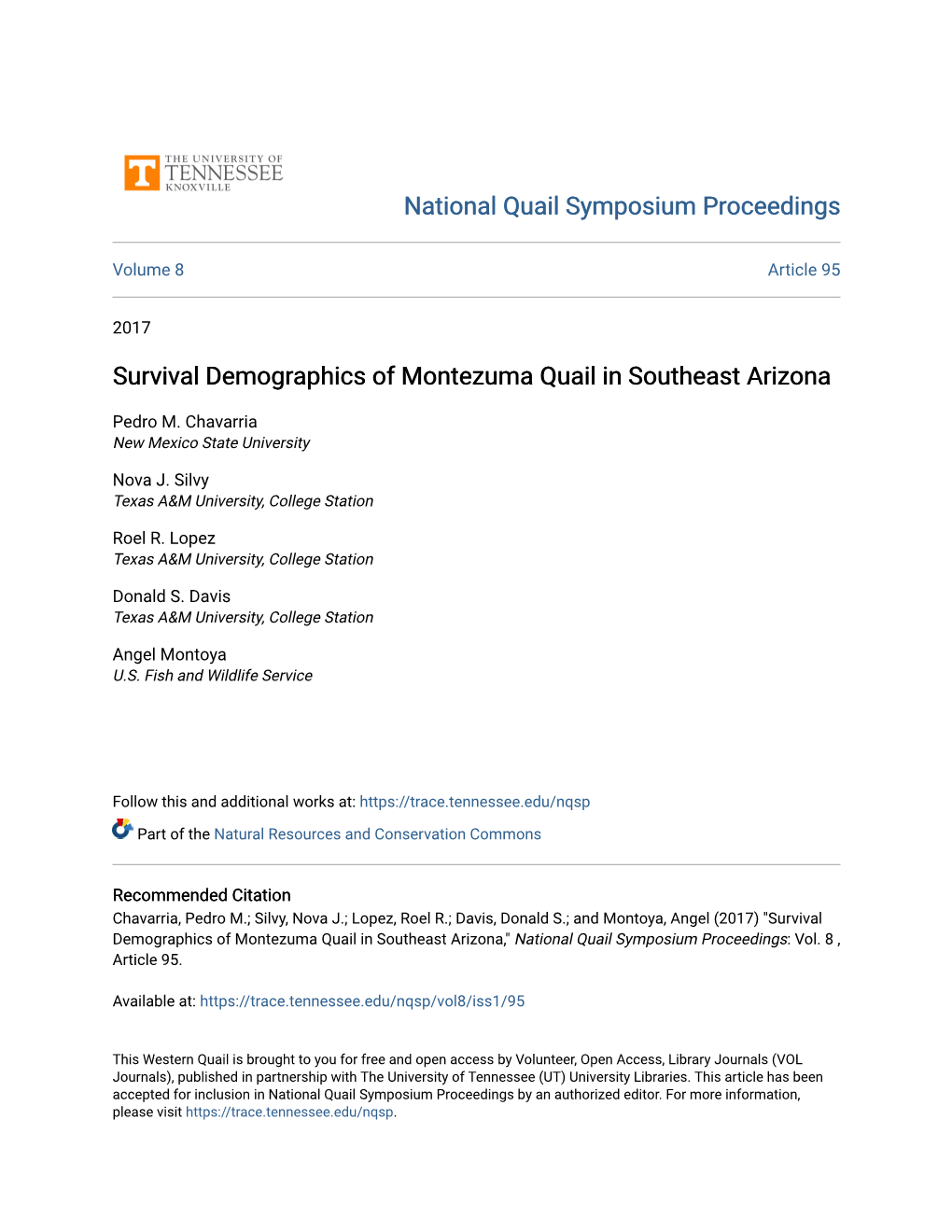 Survival Demographics of Montezuma Quail in Southeast Arizona