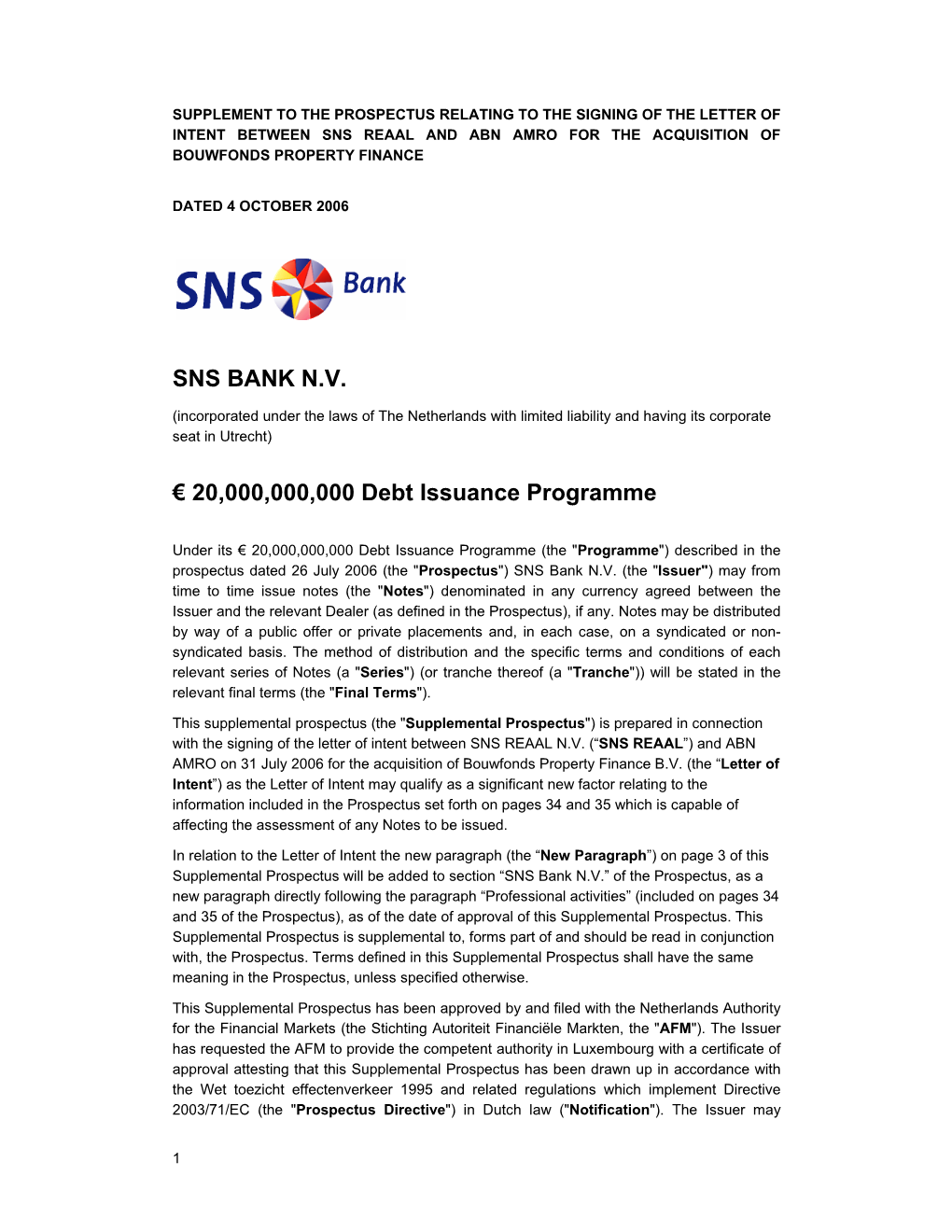 SNS BANK NV € 20000000000 Debt Issuance
