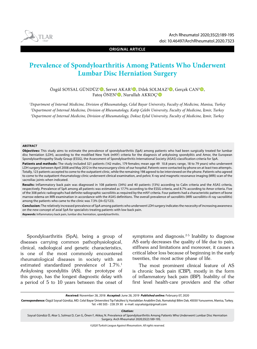 Prevalence of Spondyloarthritis Among Patients Who Underwent Lumbar Disc Herniation Surgery