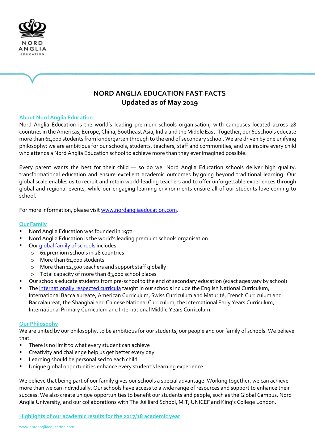 NORD ANGLIA EDUCATION FAST FACTS Updated As of May 2019
