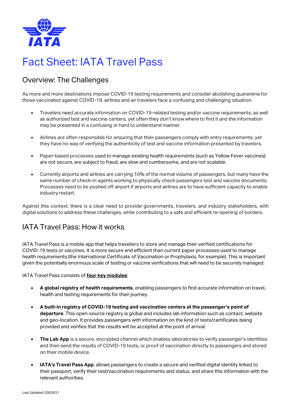 Fact Sheet: IATA Travel Pass