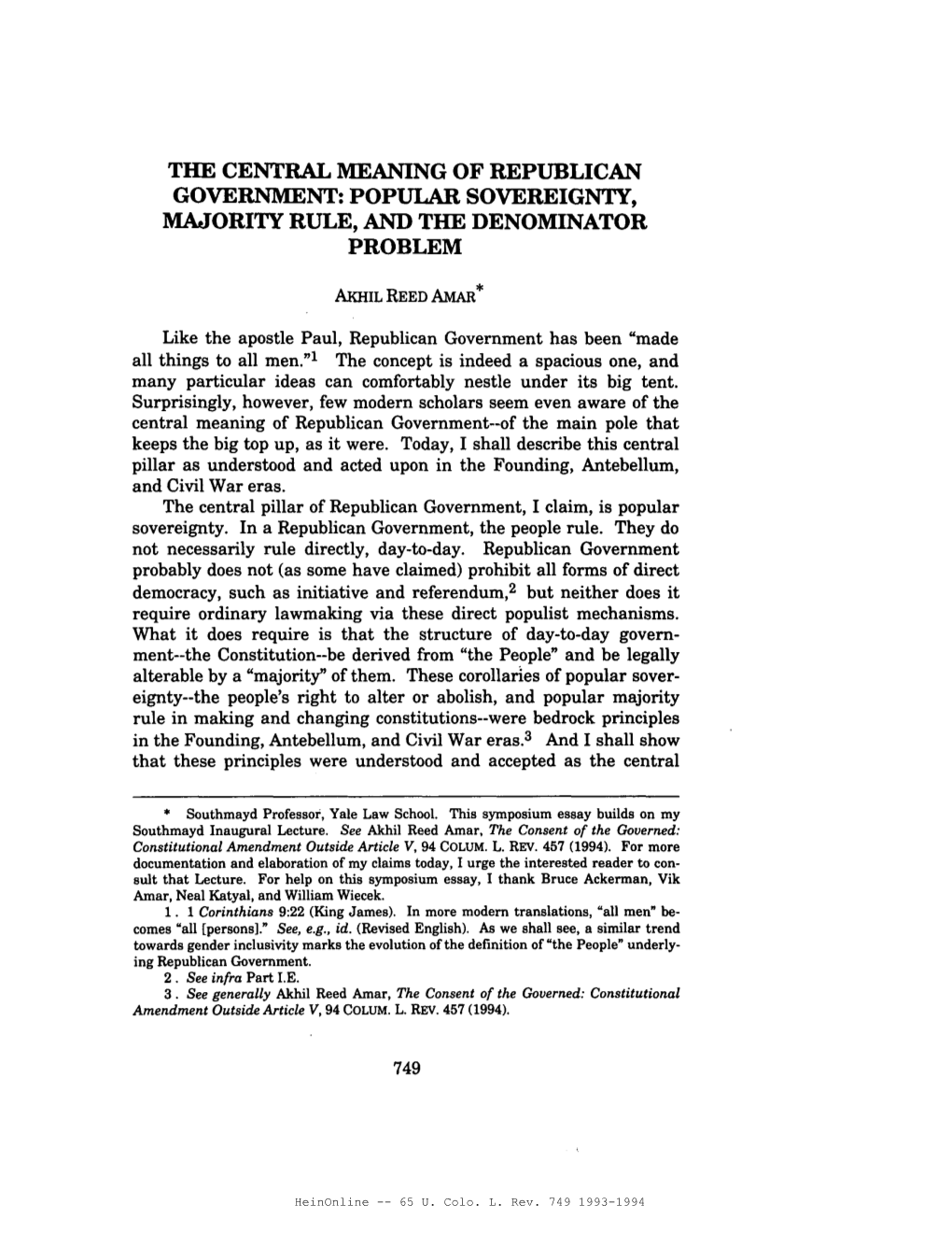 The Central Meaning of Republican Government: Popular Sovereignty, Majority Rule, and the Denominator Problem