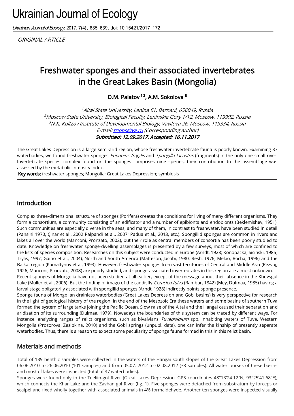 Freshwater Sponges and Their Associated Invertebrates in the Great Lakes Basin (Mongolia)