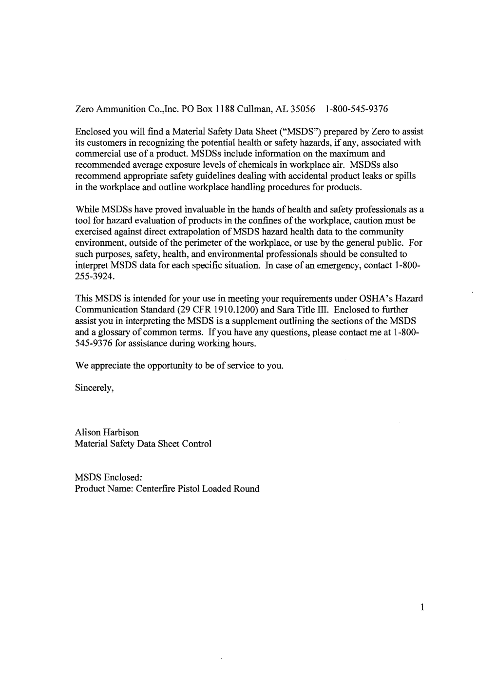 Material Safety Data Sheet (MSDS), Centerfire Ammunition