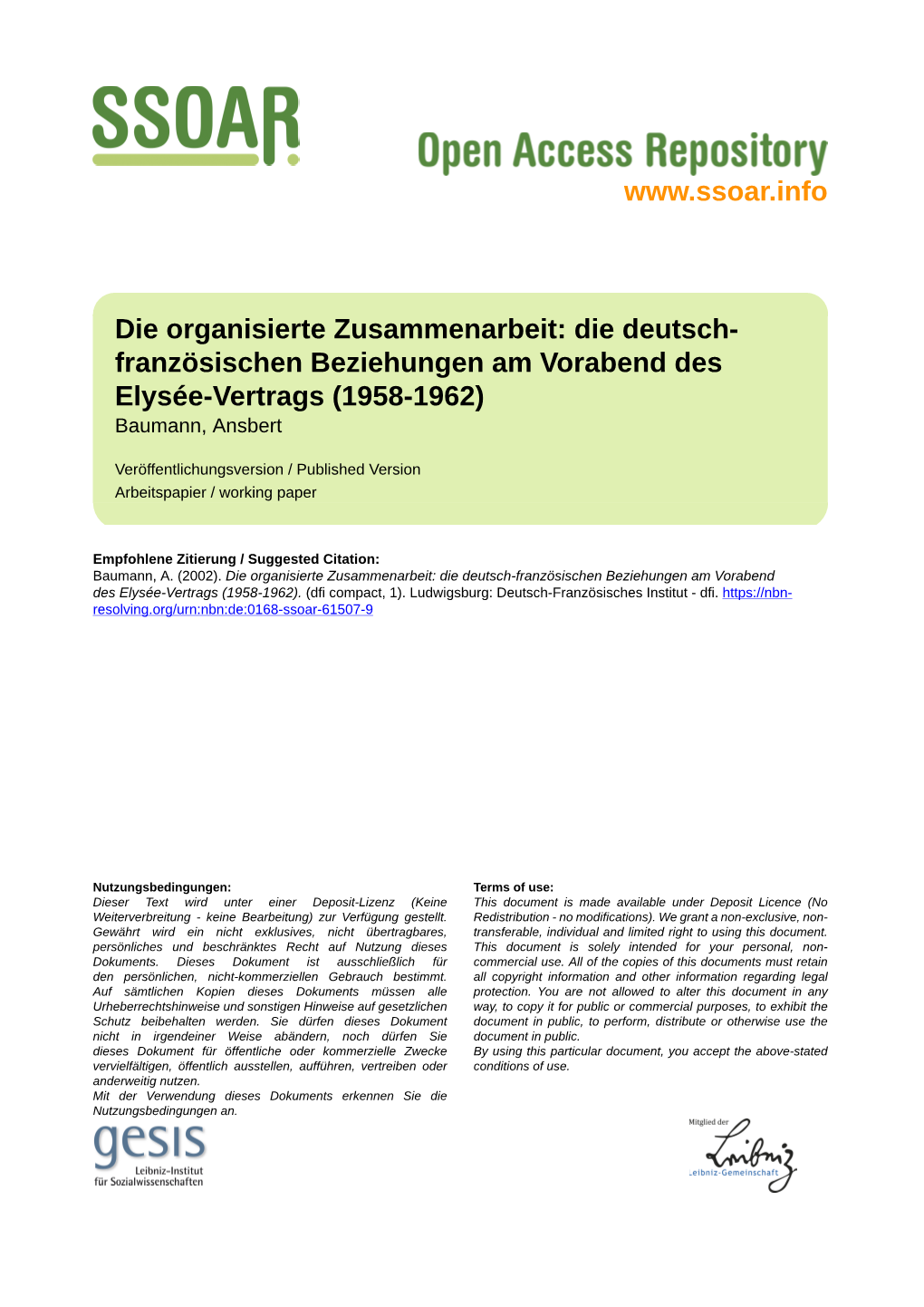 Französischen Beziehungen Am Vorabend Des Elysée-Vertrags (1958-1962) Baumann, Ansbert