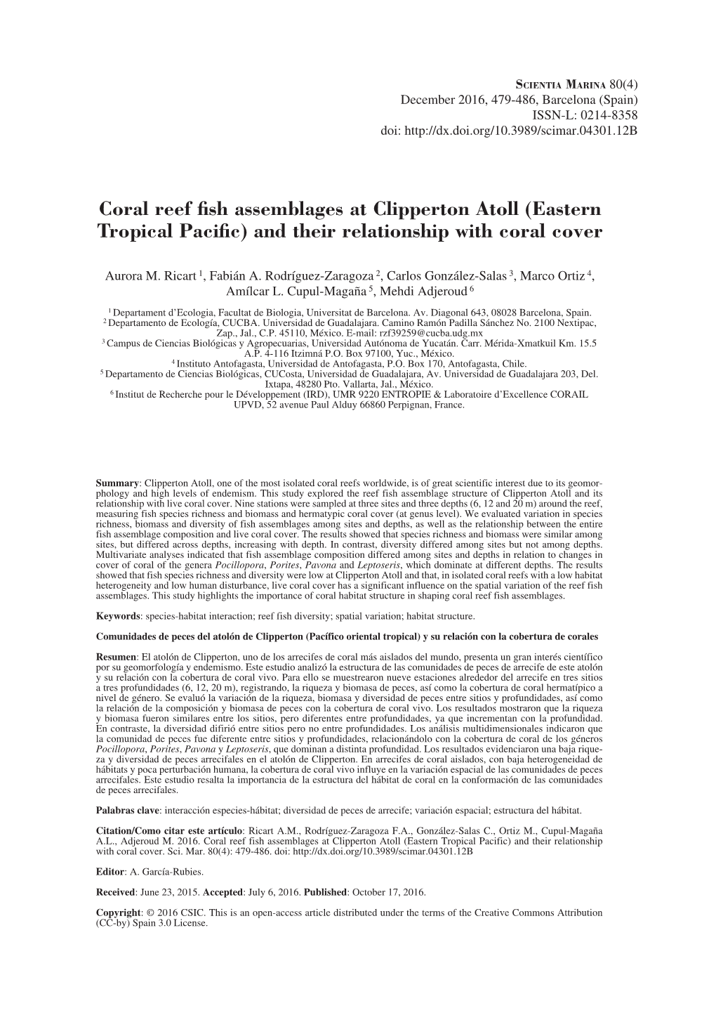 Coral Reef Fish Assemblages at Clipperton Atoll (Eastern Tropical Pacific) and Their Relationship with Coral Cover