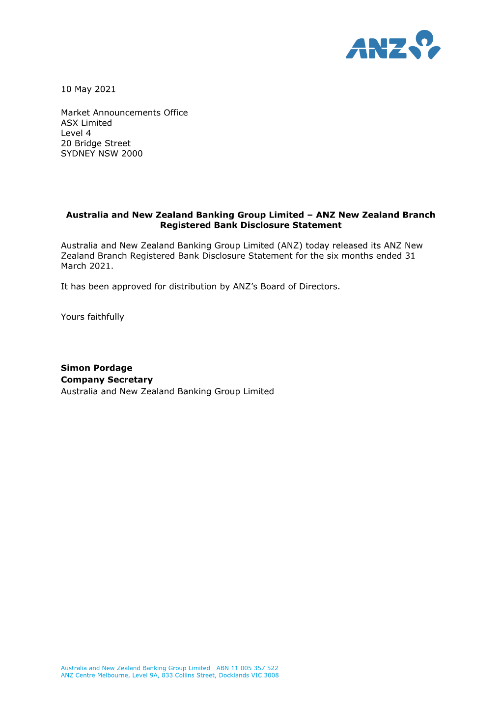 10 May 2021 Market Announcements Office ASX Limited Level 4 20